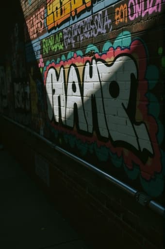 다양한 그래피티 아트로 가득 찬 벽이 있는 생동감 넘치는 도시 거리 풍경. 벽은 다채로운 디자인과 스트리트 아트 스타일, 태그들로 가득 차 있어 창의적이고 반항적인 분위기를 반영한다. 햇빛이 흥미로운 그림자를 드리워 그래피티의 질감을 강조한다.