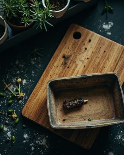 아름답게 제작된 나무 도마가 시골풍의 주방 조리대 위에 눈에 띄게 놓여 있습니다. 따뜻한 톤의 목재는 창문을 통해 스며드는 자연광과 잘 어우러져 아늑하고 초대하는 요리 환경을 만들어냅니다. 화분에 담긴 신선한 허브가 녹색의 포인트를 더해 주방의 전체적인 매력을 높입니다.