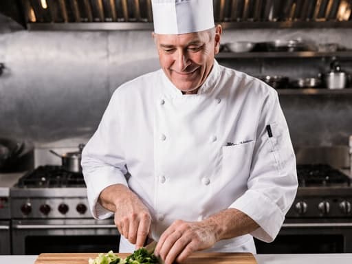 이 이미지는 50대 백인 남성 요리사가 편안한 모습으로 흰색 요리사 복과 조리모를 착용한 반신 촬영을 보여줍니다. 그는 현대적인 주방에서 밝은 조명이 비추는 가운데 재료를 손질하며 부드럽게 미소짓고 있으며, 요리에 대한 열정과 따뜻함을 전달합니다.