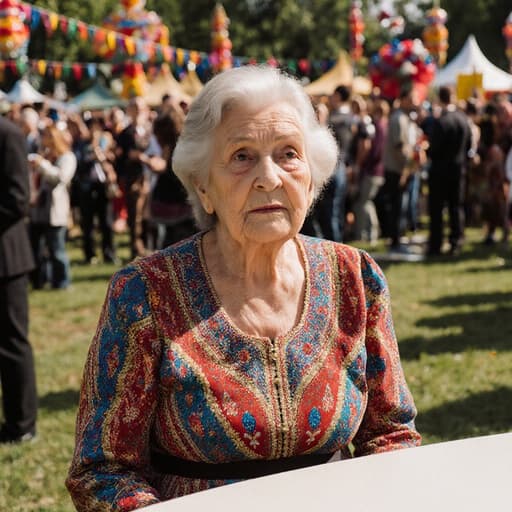 70대 유럽계 여성이 전통 축제에 어울리는 화려한 드레스를 입고 테이블에 앉아 팔짱을 끼고 무관심한 표정을 지으며 사람들로 가득한 화려한 공원 축제 분위기를 바라보고 있는 반신 촬영 이미지입니다.