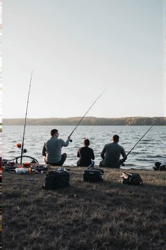 두 사람이 아름다운 호숫가에서 평화로운 낚시를 즐기고 있습니다. 그들은 고급 낚싯대를 사용하고 있으며, 다양한 낚시 장비가 바닥에 펼쳐져 있습니다. 배경에는 물에 비친 맑은 파란 하늘과 생생한 녹색 나무들이 둘러싸여 있습니다.