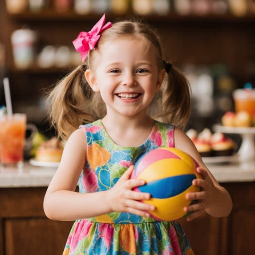 밝은 색상의 원피스를 입고 핑크색 리본을 단 7세 백인 소녀가 테이블 위의 공을 두 손으로 잡고 행복하게 웃으며 놀고 있는 모습이 아늑한 카페 내부에서 다양한 음료와 디저트를 배경으로 하고 있습니다.