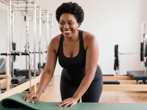 40대 흑인 여성이 편안한 필라테스 복장을 입고 필라테스 매트를 정리하며 웃고 있는 모습이 깔끔하게 정리된 필라테스 스튜디오에서 다양한 필라테스 기구들과 함께 생기 있고 활기찬 분위기를 반영하고 있습니다.