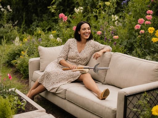 30대 혼혈 여성이 아름답게 꾸며진 정원에서 소파에 앉아 정원 도구를 들고 밝게 웃고 있는 모습. 편안한 원피스와 플랫 슈즈를 착용하고 있으며, 주변의 생기 넘치는 환경과 잘 어울리는 밝고 초대하는 분위기를 자아냅니다.