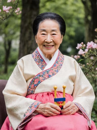80대의 백인 여성의 반신사진으로, 자연스러운 외모와 따뜻함이 드러납니다. 그녀는 전통적인 한복을 입고 있으며, 그 화려한 색상과 복잡한 디자인이 돋보입니다. 여성은 아늑한 공원에서 편안하게 앉아 다리를 뻗고 전통 놀이 도구를 손에 들고 있으며, 친근한 미소로 따뜻함과 접근성을 전달합니다. 배경은 푸른 나무와 꽃들이 만발한 평화로운 풍경으로, 장면의 이상적인 분위기를 더욱 고조시킵니다.