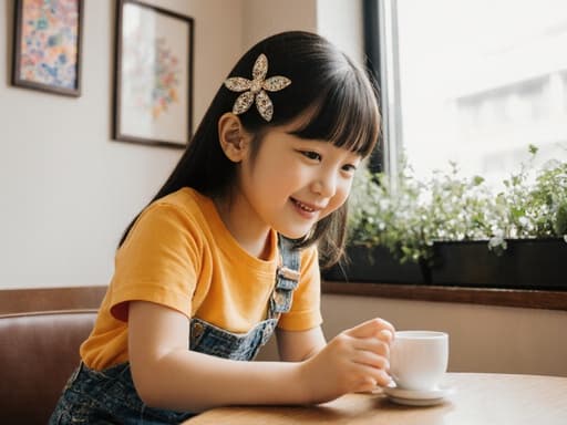 아늑한 카페에서 밝은 티셔츠와 청바지를 입은 7세 한국인 소녀의 생동감 넘치는 반신 사진. 그녀는 테이블 위에 있는 작은 컵을 만지며 호기심 어린 미소를 짓고 있습니다.