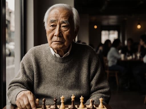 아늑한 카페에서 편안한 니트 스웨터를 입은 80대 아시아계 남성이 체스판 위의 체스 말을 만지작거리며 슬픈 표정으로 먼 곳을 바라보는 모습.