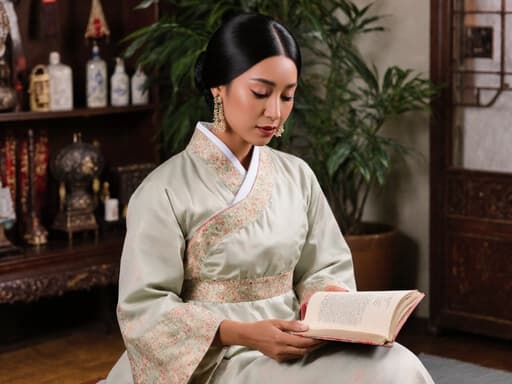 30대 흑인 여성이 전통 한복을 입고 바닥에 앉아 한의학 서적을 읽고 있는 모습의 반신 사진, 아늑한 치료실에서 전통적인 한의학 도구와 식물들로 꾸며져 있습니다.