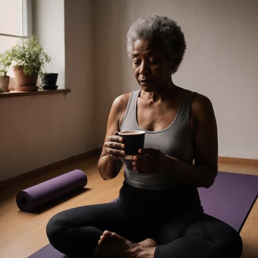 40대 아프리카계 여성이 편안한 요가복을 입고 커피 컵을 무관심하게 바라보는 반신 사진으로, 요가 매트와 식물이 있는 아늑한 요가 스튜디오 배경이 평화로운 분위기를 자아냅니다.