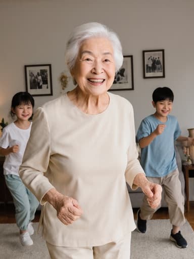80대 한국인 여성이 밝은 홈웨어 차림으로 가족과 함께 달리며 행복한 표정을 짓고 있는 모습의 전신 사진, 아늑한 거실에 가족 사진과 장식이 잘 배치되어 있어 따뜻한 분위기를 자아냅니다.