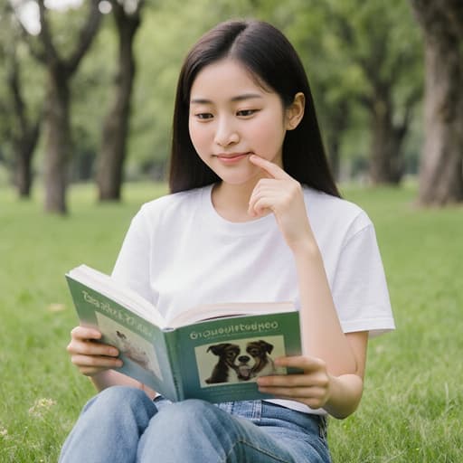 10대 초반의 동양인 소녀가 공원에서 편안하게 앉아 있습니다. 그녀는 티셔츠와 청바지를 입고 반려동물 건강 관리 책을 손에 들고 자연스럽게 미소 지으며 책을 바라보고 있습니다. 푸른 잔디와 나무가 있는 평화로운 배경이 장면의 따뜻한 분위기를 더해줍니다.
