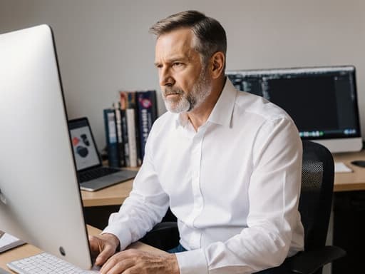 40대 백인 남성이 흰색 셔츠와 어두운 바지를 입고 모니터를 생각에 잠겨 바라보며 디자인 소프트웨어를 사용하는 모습의 반신 샷입니다. 깔끔하게 정리된 작업 공간에는 노트북과 디자인 관련 서적이 놓여 있습니다. 전체적인 분위기는 집중과 창의성이 넘치며 자연광이 잘 비추어집니다.