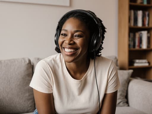 40대 흑인 여성이 자연스러운 외모로 편안한 캐주얼 티셔츠와 청바지를 입고 헤드폰을 착용하고 있는 반신 사진입니다. 그녀는 음악에 몰입하며 따뜻한 미소를 지으며, 소파와 책장이 있는 아늑한 거실 배경에서 편안함과 몰입감을 자아내고 있습니다.