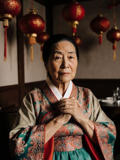 70대 동양인 여성이 화려한 전통 한복을 입고 축제로 장식된 카페에서 서 있는 모습의 반신 사진, 손을 가슴에 모으고 약간 긴장한 표정을 지으며 축제 분위기 속에서 문화적 자부심과 불안감을 동시에 드러내고 있습니다.