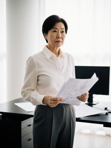 60대 동양인 여성이 걱정스러운 표정을 지으며 세련된 블라우스와 정장 바지를 입고, 현대적인 건축 사무소에서 건축 도면을 들고 있는 반신 사진. 책상과 컴퓨터가 배치되어 있으며, 부드러운 조명이 비추고 있습니다.