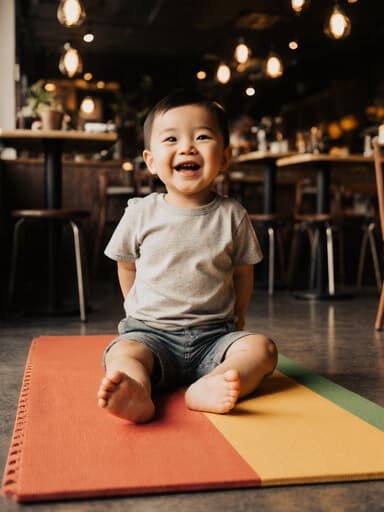 귀여운 한 살 남자 아기, 동양인이 요가 매트 위에서 요가 자세를 취하며 귀엽게 웃고 있는 모습이 반신 촬영으로 담겨 있습니다. 아늑한 카페의 따뜻한 조명이 분위기를 더해 주며, 장면이 유쾌하고 따뜻한 느낌을 줍니다.