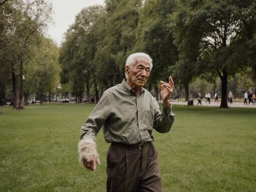 이 이미지는 70대의 혼혈 남성이 주름진 얼굴과 흰 머리를 가지고 편안한 셔츠와 바지, 푹신한 운동화를 착용한 모습입니다. 그는 외롭고 사색에 잠긴 표정을 지으며 눈빛에는 그리움이 담겨 있고, 가벼운 동작으로 손을 약간 위로 올리며 춤을 추고 있습니다. 푸른 잔디와 나무들로 둘러싸인 공원 배경은 멀리 산책하는 사람들로 인해 평화롭고 고요한 분위기를 더합니다.