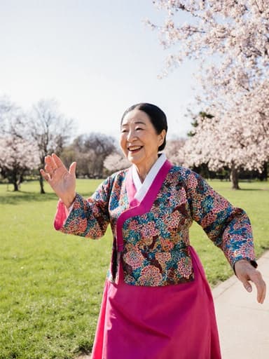 80대 한국인 여성의 전신 사진으로, 화려한 전통 한복을 입고 따뜻하게 미소 지으며 춤을 추기 위해 리드미컬하게 걷고 있는 모습이 담겨 있으며, 배경은 푸른 잔디와 꽃들이 있는 평화로운 공원입니다.