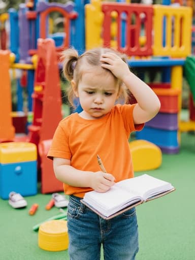 짜증난 표정을 지닌 귀여운 3세 유럽계 소녀가 반신 샷으로 포착되었습니다. 그녀는 한 손에 공책을 들고 다른 손으로 머리를 긁적이며, 다양한 색상의 장난감과 교육 도구가 가득한 생동감 넘치는 공원에서 기다리고 있습니다. 밝은 티셔츠와 청바지, 편안한 운동화를 착용하고 있습니다.