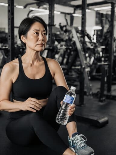 40대 아시아계 여성이 편안한 운동복을 입고 물병을 들고 헬스장에서 서 있습니다. 무관심한 표정과 편안한 자세가 달리기를 준비하는 순간을 전달합니다.
