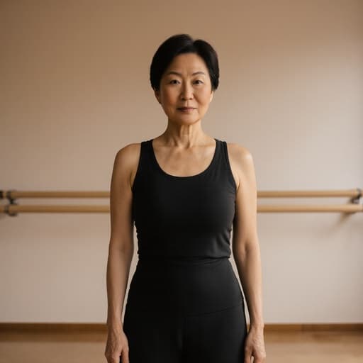 50대 아시아계 여성의 반신 사진으로, 편안한 필라테스 복장을 착용하고 있습니다. 그녀는 부드러운 조명이 비추는 깔끔하고 평화로운 필라테스 스튜디오에 서 있으며, 팔을 가볍게 아래로 내리고 조용히 기다리고 있습니다. 차분하고 집중된 표정은 웰빙에 대한 그녀의 헌신을 잘 보여줍니다.