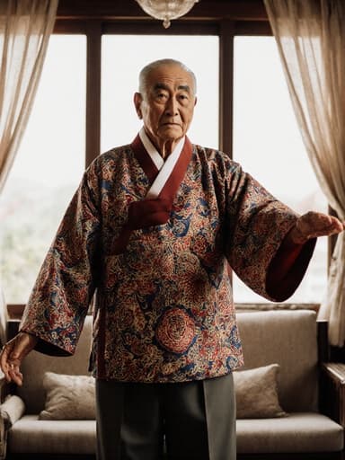 80대의 백인 남성이 화려한 전통 한복을 입고 약간 긴장한 표정을 지으며 거실에서 춤추는 자세로 서 있는 반신 촬영 이미지.