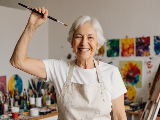 이미지는 50대 백인 여성이 편안한 티셔츠와 작업용 앞치마를 입고, 다양한 도구와 작품이 가득한 밝은 아트 스튜디오에서 행복한 표정을 지으며 화가의 브러시를 들고 있는 모습입니다. 창의성과 행복이 느껴지는 장면입니다.