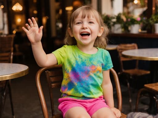 아늑한 카페에 앉아 있는 귀여운 3세 유럽계 여아의 반신 사진. 화사한 색상의 티셔츠와 반바지를 입고 있으며, 즐거운 표정을 지으며 손을 흔들며 노래를 부르고 있는 모습이 담겨 있습니다. 주변에는 여러 테이블과 의자가 배치된 따뜻한 카페 분위기가 느껴집니다.