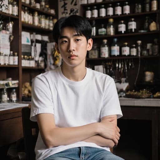 전통 한의원 내부에서 자연스러운 외모를 지닌 혼혈 남성 10대 초반의 반신 사진. 캐주얼한 티셔츠와 청바지를 입고, 지루한 표정으로 팔짱을 끼고 의자에 약간 앞으로 기울어져 있으며, 한약재와 관련 도구들로 둘러싸여 있습니다.