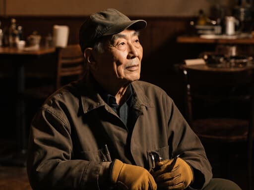 60대 동양인 남성이 작업용 망토와 장갑을 착용하고 따뜻한 조명이 비치는 아늑한 카페 바닥에 앉아 작업 도구를 손에 들고 주변을 살펴보고 있습니다. 나무 가구가 있는 편안한 분위기가 그의 자연스러운 외모와 작업에 대한 몰입을 강조합니다.