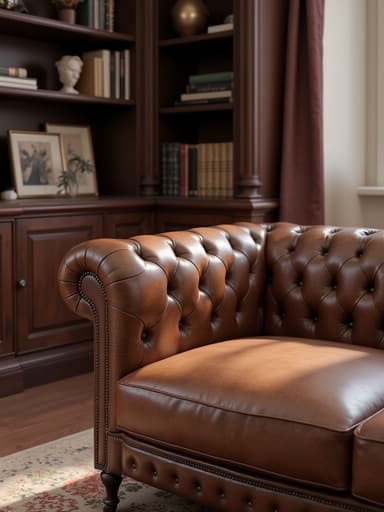 따뜻한 자연광 속에서 클래식 도서관의 나무 서가와 빈티지 장식으로 둘러싸인 고급 가죽 소파가 우아한 분위기를 제공합니다.