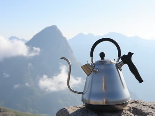 주전자, 구름 낀 산 정상, 고요한, 평화로운