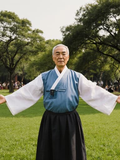 전통 한복을 입은 70대 아시아계 남성이 공원에서 요가 자세를 취하며 평화로운 표정을 짓고 있습니다. 푸른 잔디와 나무들로 둘러싸인 이 모습은 전통 축제를 기념하며 심리적 안정을 상징합니다.