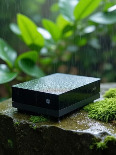 게임 콘솔, 이끼로 덮인 돌 위에 놓여 있으며, 표면에 반짝이는 비방울이 있고, 비가 내리는 숲속의 푸르고 무성한 나뭇잎으로 둘러싸여 있으며, 고요하고 평온한 분위기.