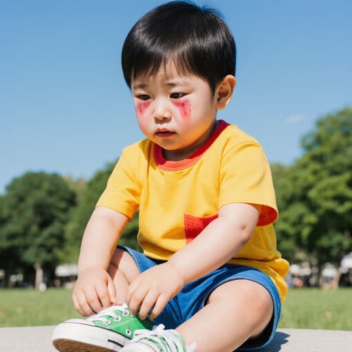 귀엽고 순수한 외모를 가진 3세 한국인 남아가 밝은 색상의 티셔츠와 반바지를 입고, 푸른 하늘 아래 잔디밭에 앉아 신발을 끼우려다가 슬퍼 보이며 눈물이 고인 표정을 짓고 있는 반신 사진입니다.