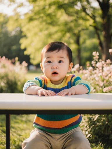 귀여운 1세 한국 아기 남자의 반신 촬영, 무서운 표정으로 눈을 크게 뜨고 입을 다물고 있습니다. 그는 테이블에 앉아 두 손을 테이블 위에 올리고 있으며, 색색의 아기용 점퍼와 편안한 바지를 입고 있습니다. 배경은 따뜻한 햇살이 비치는 공원으로 나무와 꽃들이 어우러져 평화로운 분위기를 자아내고 있습니다.
