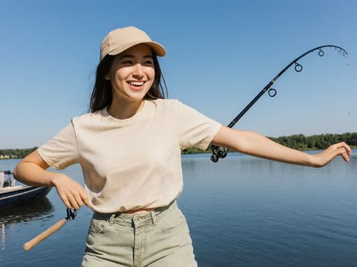10대 후반의 혼혈 여성의 반신 사진으로, 캐주얼한 티셔츠와 반바지를 입고 낚시 모자를 착용하고 있습니다. 그녀는 행복한 표정으로 미소를 지으며 낚시대를 잡고 몸을 스트레칭하고 있어 활동에 대한 열정을 보여줍니다. 배경에는 맑은 날씨의 호숫가가 펼쳐져 있으며, 낚시 보트가 수면 위에 부드럽게 떠 있는 평화로운 풍경이 그려져 있어 아웃도어 여가와 모험의 주제를 강조하는 편안하고 매력적인 분위기를 만들어냅니다.
