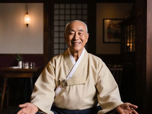 70대 혼혈 남성이 전통적인 한복을 입고 요가 자세로 앉아 따뜻한 미소를 짓고 있는 모습이 아늑한 카페에서 포착되었습니다. 부드러운 조명이 편안하고 매력적인 분위기를 만들어내어 주제와 배경의 조화를 강조합니다.