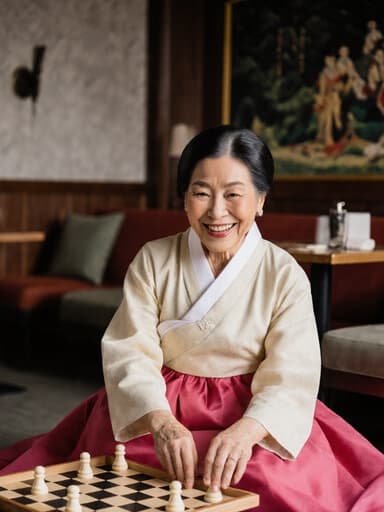 이 이미지는 70대 혼혈 여성이 전통 한복을 입고 아늑한 카페 바닥에 앉아 전통 놀이를 즐기며 행복하게 미소짓고 있는 모습을 보여줍니다. 그녀의 따뜻한 미소와 자연스러운 외모는 장면의 문화적 본질을 강조하며, 매력적인 배경이 이를 아름답게 보완합니다.