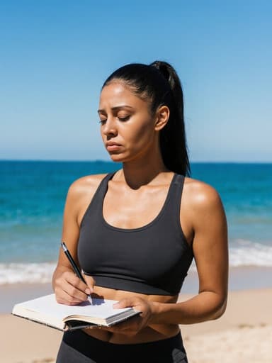 30대 혼혈 여성의 반신 사진으로, 자연스러운 외모를 가진 그녀는 편안한 운동복과 스포츠 브라를 착용하고 있습니다. 우울한 표정을 지으며 노트를 들고 메모를 하고 있는 모습입니다. 배경은 푸른 바다와 하늘로 펼쳐진 아름다운 해변으로, 그녀의 감정 상태와 주변의 평화로운 환경 간의 대조를 잘 보여줍니다.