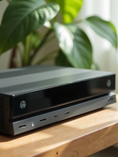 나무 테이블 위에 있는 게임 콘솔, 신선한 녹색 잎으로 둘러싸여 있어 평화롭고 밝은 분위기를 조성합니다.