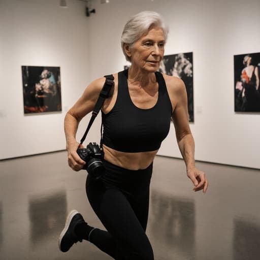 60대 백인 여성이 자신감 넘치는 표정으로 반신 샷으로 촬영되었습니다. 그녀는 편안한 운동복과 운동화를 입고 카메라를 들고 빠른 속도로 움직이며 역동적이고 활동적인 라이프스타일을 표현하고 있습니다. 배경에는 현대적인 갤러리와 현대 미술 작품들이 있어 전체적인 에너제틱한 분위기를 더합니다.