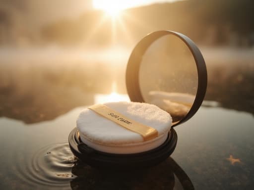 선케어 쿠션, 황금빛 노을이 지는 호수, 고요하고 평화로운