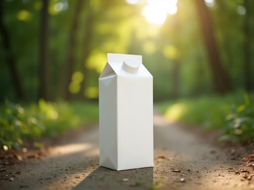 우유 팩, 여름 숲속 오솔길에 비치는 나뭇잎 사이로의 햇살, 평화롭고 고요한 분위기