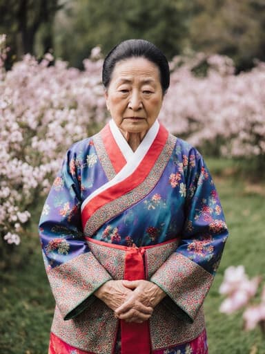 70대 아시아계 여성이 화려한 색감의 전통 한국 의상을 입고, 걱정스러운 표정을 지으며 약간 고개를 숙이고 있는 모습의 반신 사진입니다. 그녀의 두 손은 앞에 모여 기다리는 자세를 취하고 있으며, 아름다운 꽃이 만개한 평화로운 공원을 배경으로 하고 있어 잔잔한 분위기를 더합니다.
