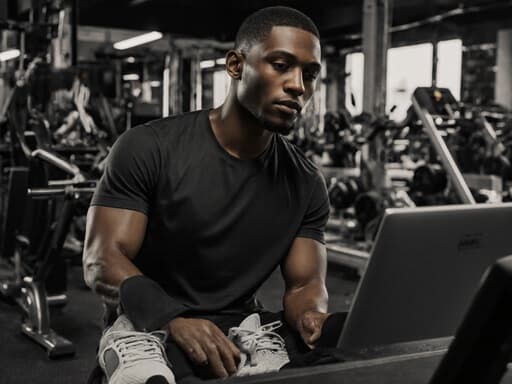 20대 혼혈 남성이 자연스러운 외모로 스포츠웨어를 착용하고 컴퓨터 앞에 앉아 운동 프로그램을 확인하는 모습을 반신상으로 촬영했습니다. 현대적인 운동 센터의 배경은 다양한 운동 기구로 구성되어 있어 에너지가 넘치고 동기 부여가 되는 분위기를 만들어냅니다.