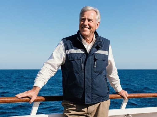 건강한 모습의 50대 유럽계 남성이 실용적인 어선 작업복을 입고, 어선 갑판에서 푸른 바다를 배경으로 난간에 손을 대고 스트레칭하며 미소 짓고 있는 모습으로, 편안하고 전문적인 분위기를 연출합니다.