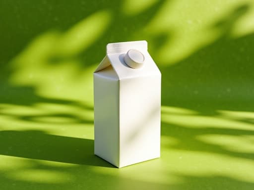 우유 팩, 생기 넘치는 초록색 봄의 잎사귀 배경, 신선하고 활기찬 회복의 분위기.