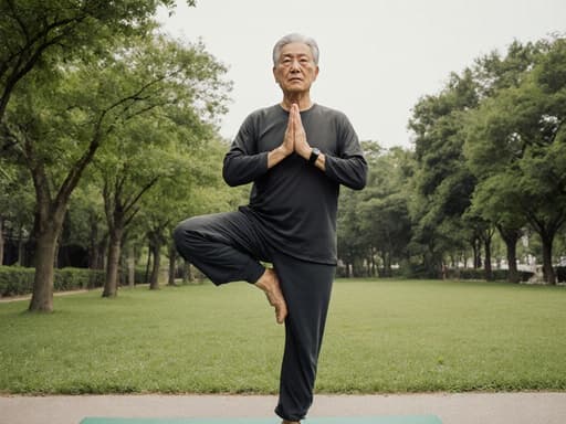 60대 한국인 남성이 편안한 요가복을 입고 한 발로 균형을 잡고 있는 요가 자세를 취하고 있는 반신 사진입니다. 긴장한 표정을 지으며 집중하고 있으며, 배경에는 녹음이 우거진 공원이 있어 순간의 평온함을 강조합니다.