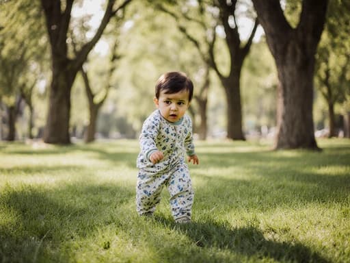 편안한 파자마를 입고 있는 1세 남자 아기, 균형을 잡으려 하며 무서운 표정을 짓고 있는 모습의 반신 사진. 배경은 나무와 잔디가 있는 조용한 공원으로, 아기의 감정과 평화로운 환경 간의 대조를 강조합니다.